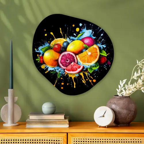 Fruit - Graffiti - Kleurrijk - Sinaasappel - Aardbei - Abstract Wandcirkel Organisch Plexiglas middel -sfeer2