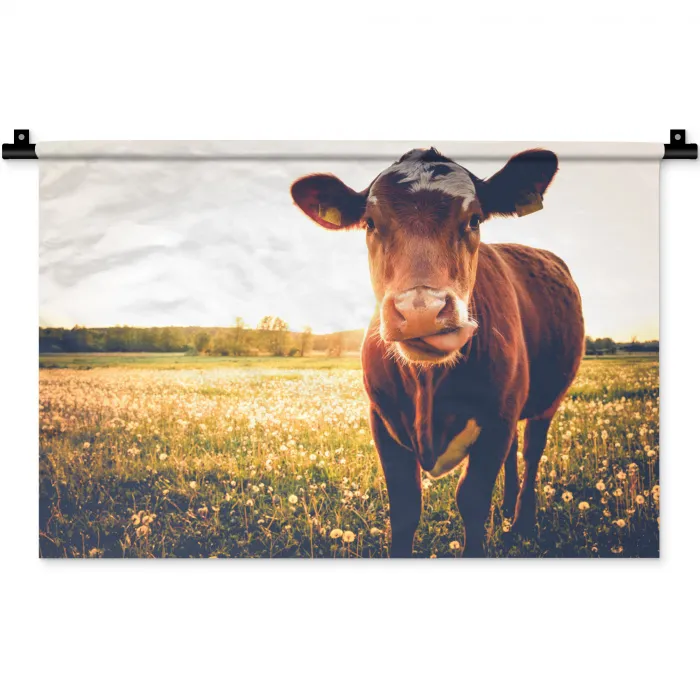 Koe - Zonsondergang - Bloemen - Gras - Dieren Wandkleed katoen klein -zz3d