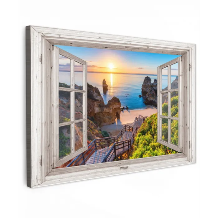 Uitzicht op Rotsachtig Strand bij Zonsondergang Tuinposter op houten frame 2 cm dik klein -3d