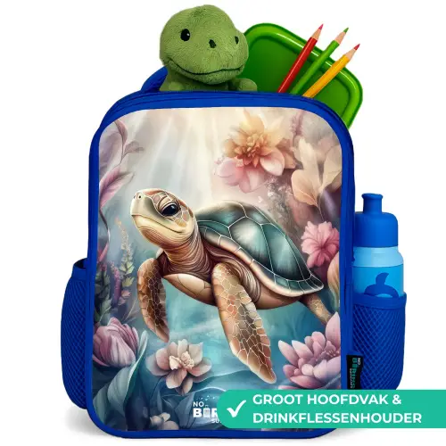 Zeeschildpad tussen bloemen onder water Kinderrugzak - Blauw middel -inhoud_NL