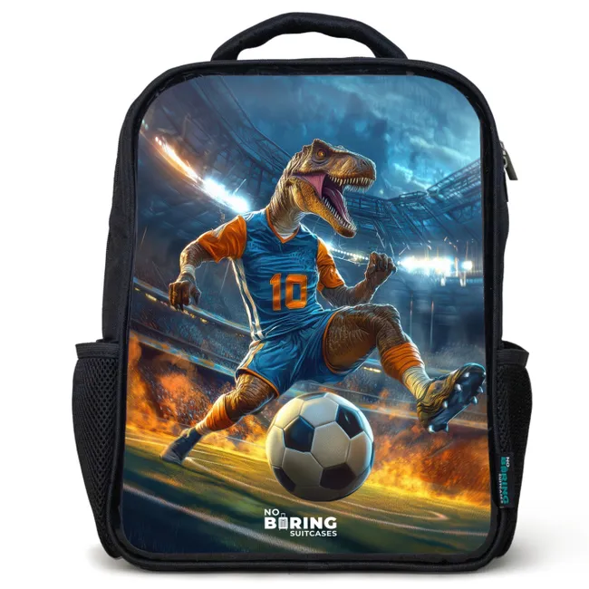 Kids' Backpacks Black -. T-Rex as soccer player in full stadium