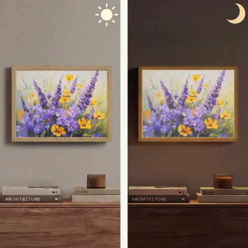 Lavendel - Bloemen - Natuur - Kunst Light Box met batterij (Wandlamp) middel -sfeer3