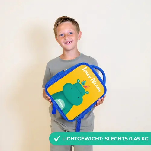 Nijlpaard - Vogels - Geel Kinderrugzak - Blauw middel -sfeer1_NL