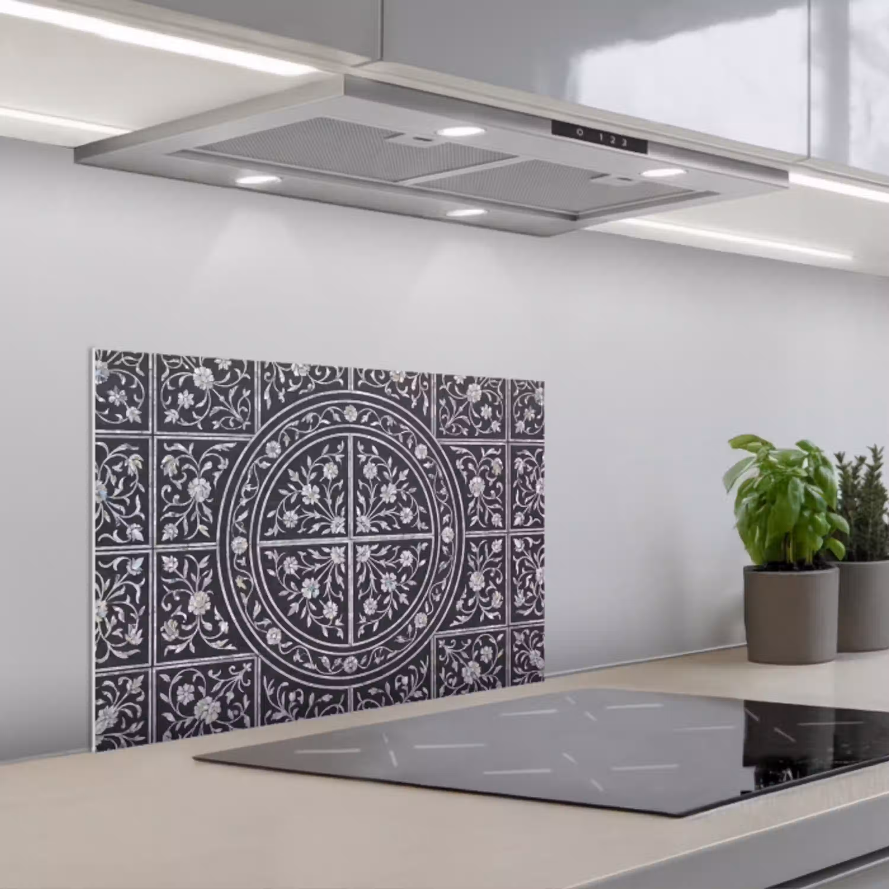 Patroon - Bloemmotief - Decoratie - Klassiek - Zwart keuken achterwand spatscherm klein -3d_schuin