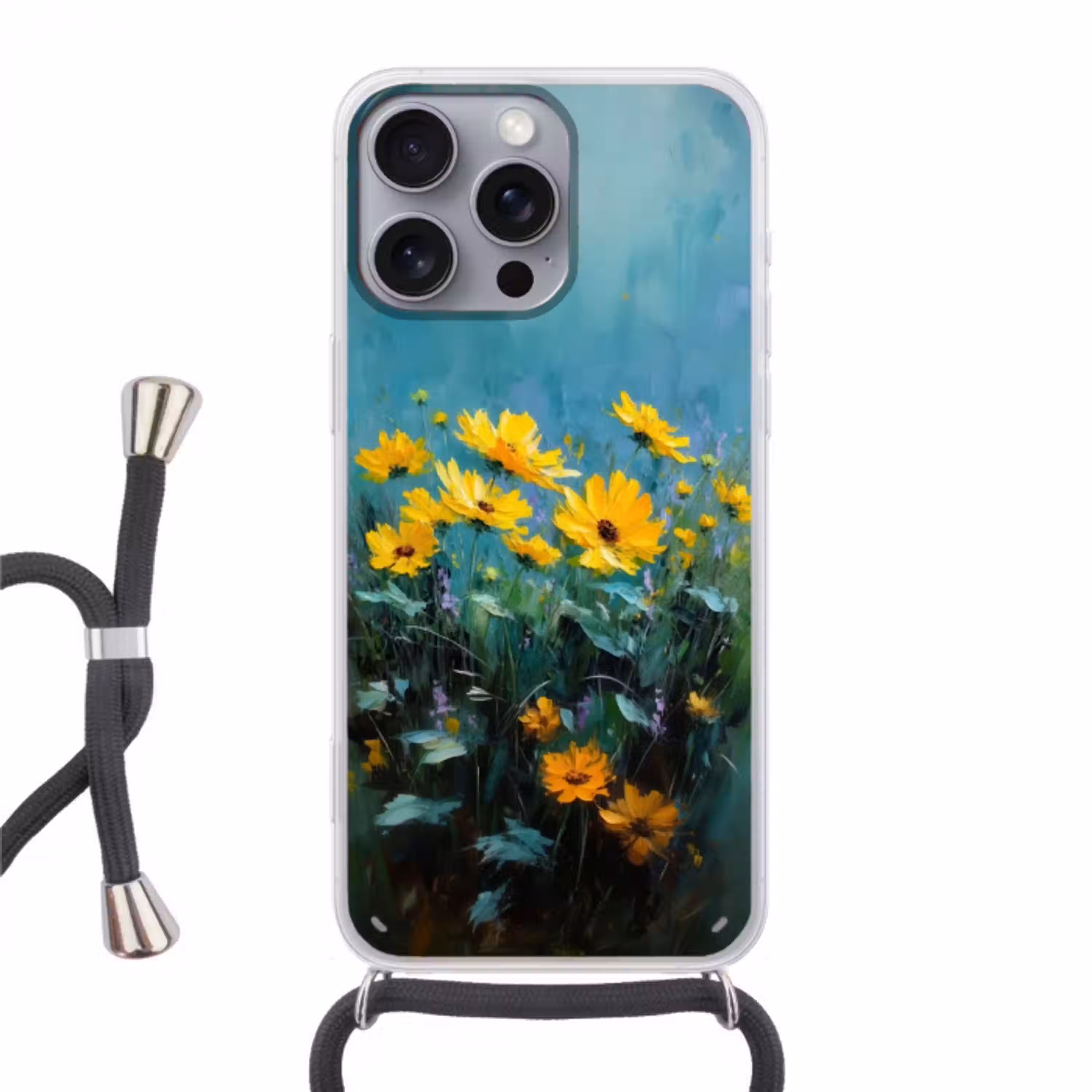 Penseelstreken - Bloemen - Felgeel - Abstract Hoesje iPhone 16 Pro Max met koord klein -3d