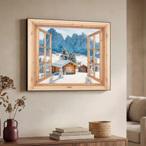 Doorkijk - Winterlandschap - Huisje - Bergen - Uitzicht Textielframe zwart klein -sfeer3