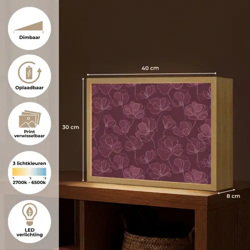 Bloemen - Patroon - Bordeauxrood Light Box met batterij (Wandlamp) middel 907 -USP_websiteoverzichtNL