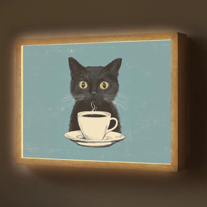 Kat - Zwart - Koffie - Minimalistisch Light Box met batterij (Wandlamp) middel -z3d_website