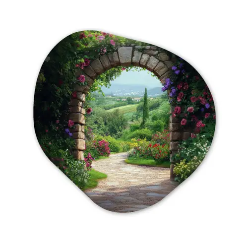 Doorkijk - Landschap - Bloemen - Pad - Uitzicht Wandcirkel Organisch Plexiglas middel -3d
