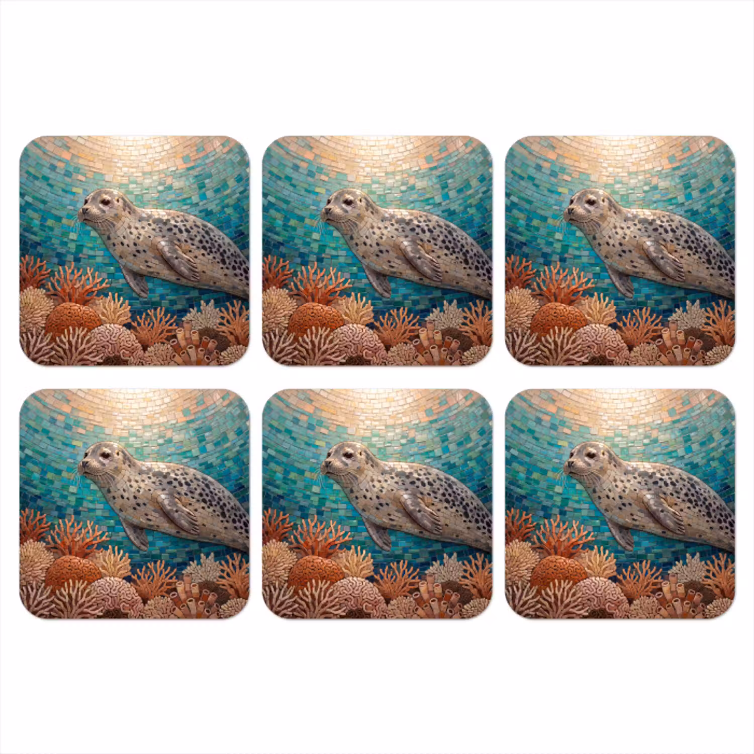 Zeehond - Mozaïek - Onderwater - Dieren - Blauw onderzetter kurk middel -3d