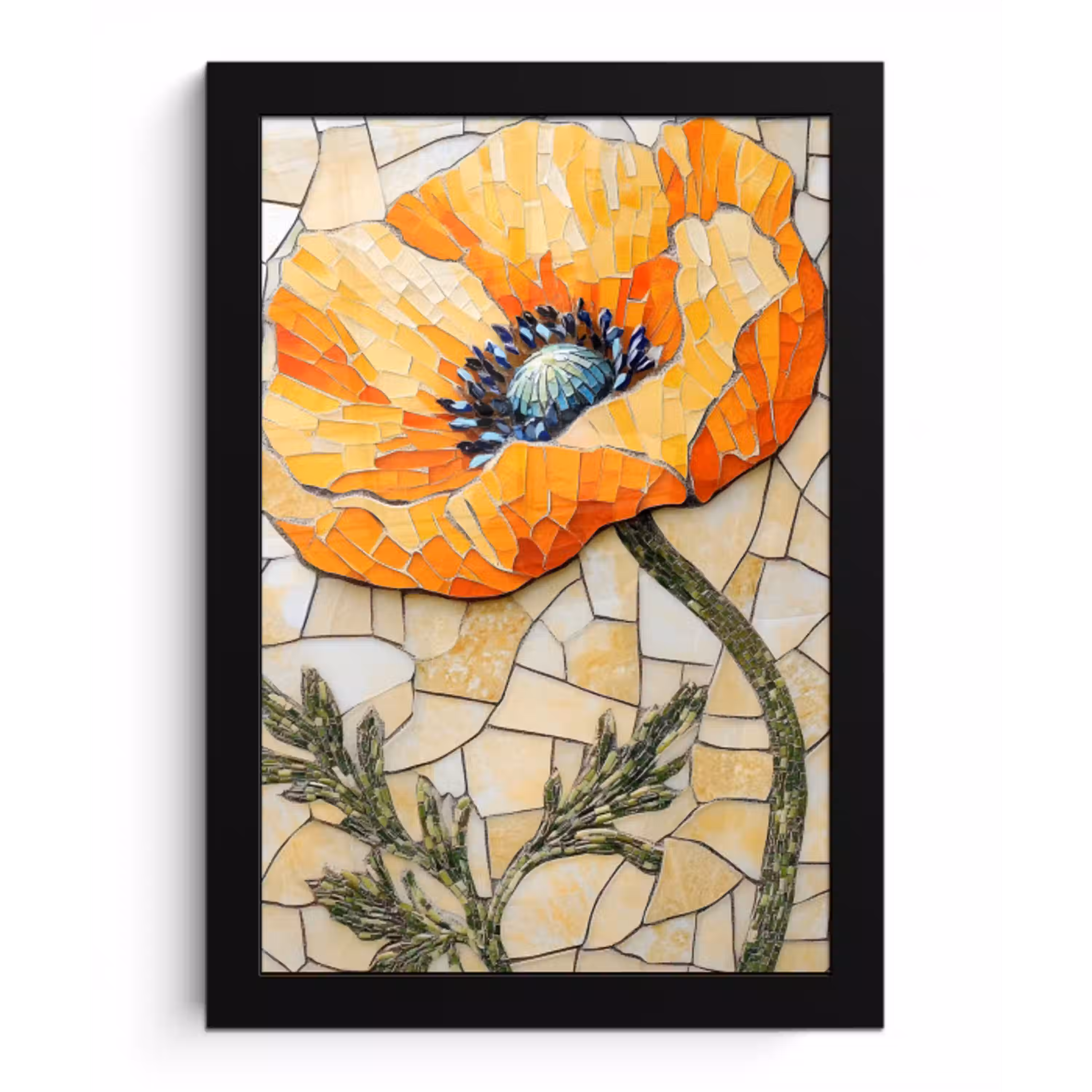 Klaprozen - Oranje - Mozaïek - Bladeren fotolijst zwart zonder passe partout klein -3d