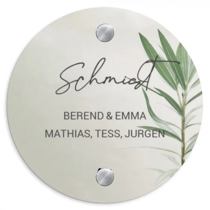 Lichtbeige met plant - Sierlijk Naambord Rond klein -3d