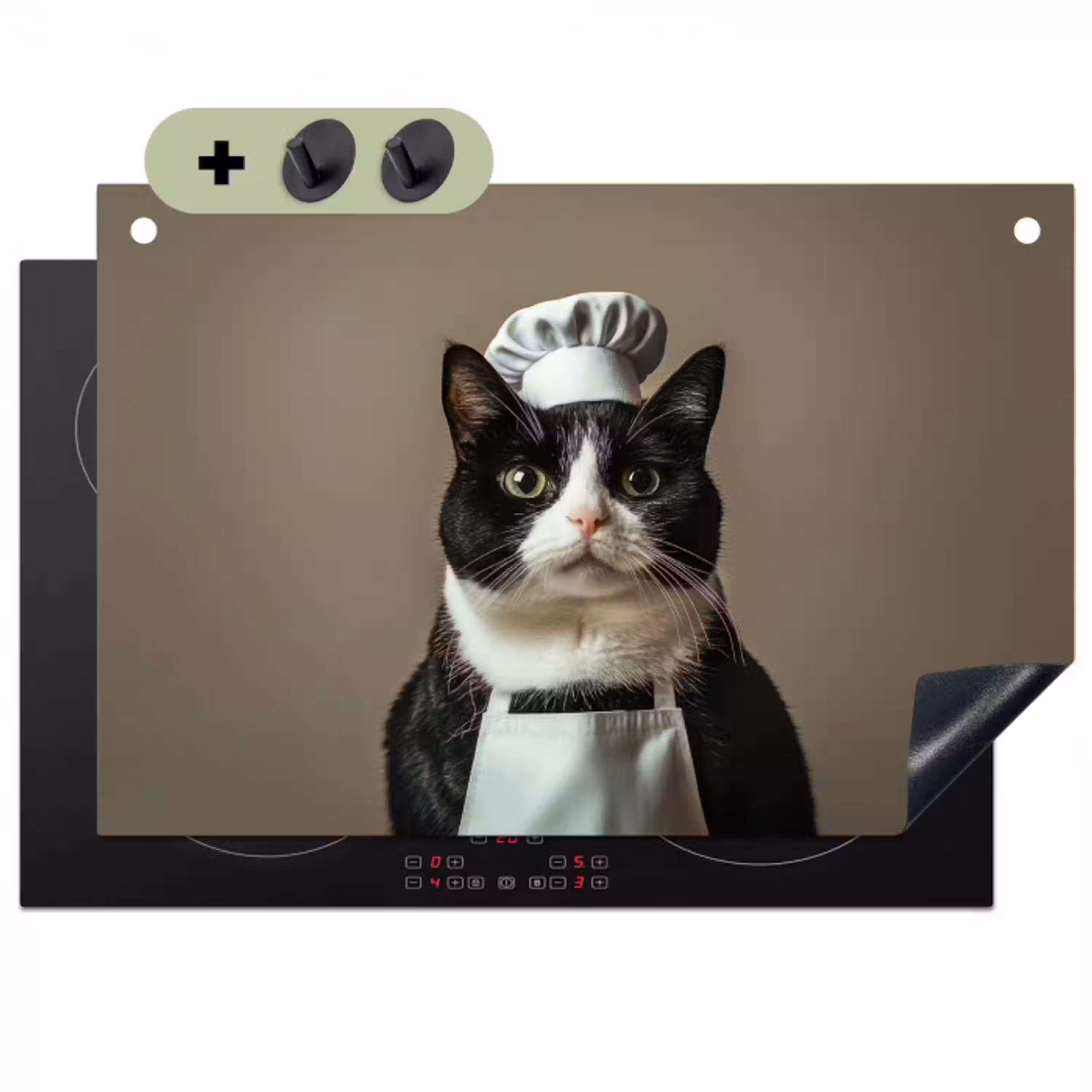 Kat - Kokskleding - Zwart - Wit Inductie beschemer met haakjes klein -3d