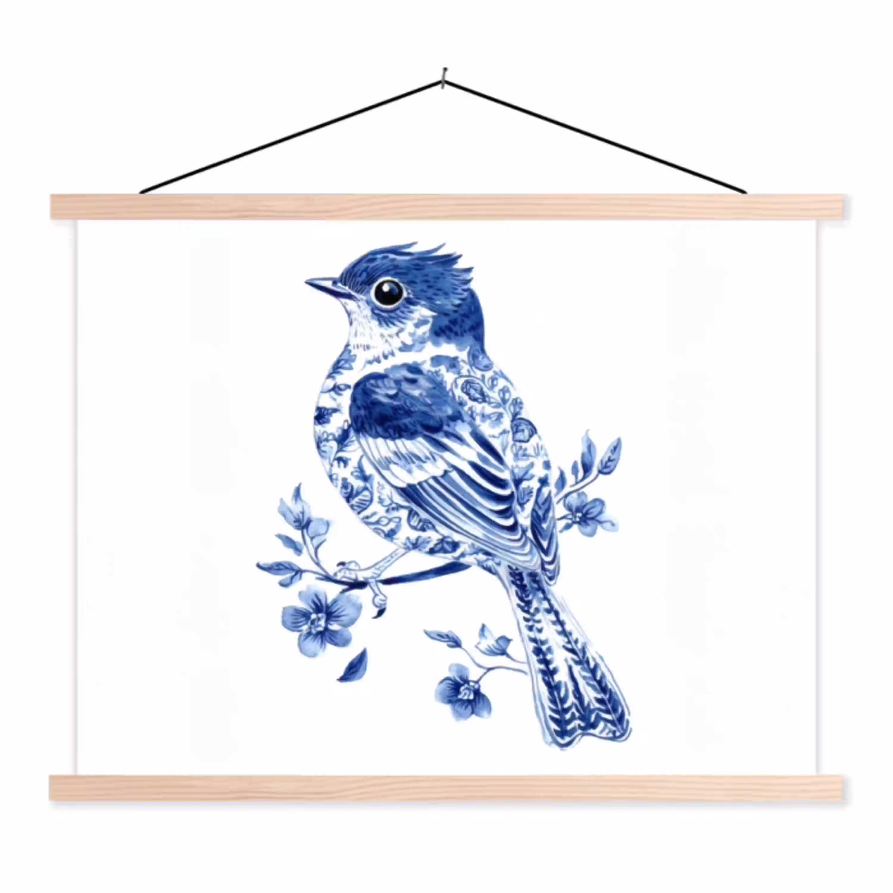 Vogel - Delfts blauw - Illustratie - Bloemen textielposter latten blank klein -3d