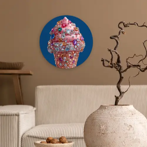 Ijsje - Hoorntje - Steentjes - Blauw Wandcirkel kunststof plaat 5mm dik klein -sfeer1