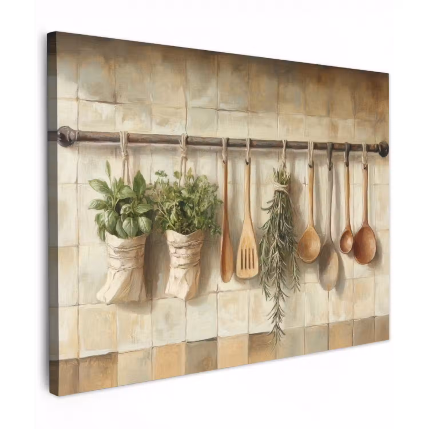 Canvas schilderij - Hout - Keukengerei - Stilleven - Tegels