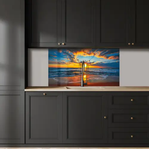 Zee - Zonsondergang - Strand - Wolken - Oranje keuken achterwand 2 middel -sfeer1