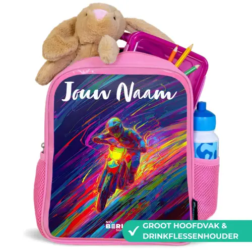 Crossmotor - Neonkleuren - Lijnen - Helm Kinderrugzak - Roze middel -inhoud_NL