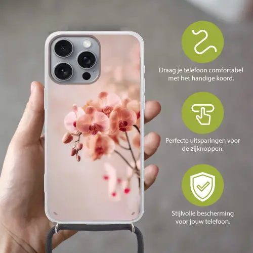 Orchidee - Bloemen - Roze - Bloemblaadjes Hoesje iPhone 16 Pro Max met koord klein -sfeer2_NL