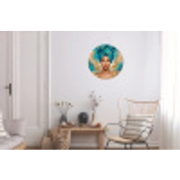 Portret - Vrouw - Schilderij - Blauw - Goud - Expressief Wandcirkel aluminium klein -woonkamer