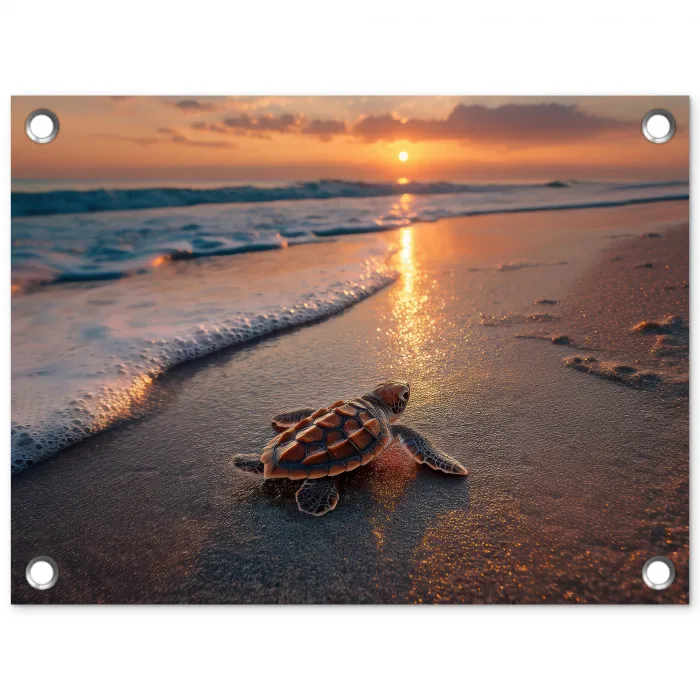Schildpad - strand - Zonsondergang tuinposter los doek klein -3d
