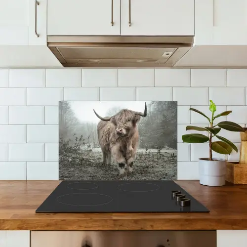 Schotse Hooglander - Bos - Mist - Koe - Dieren - Natuur keuken achterwand spatscherm klein -sfeer2