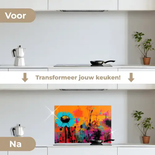 Zonnebloemen - Abstract - Oranje keuken achterwand spatscherm klein -voor_na_NL