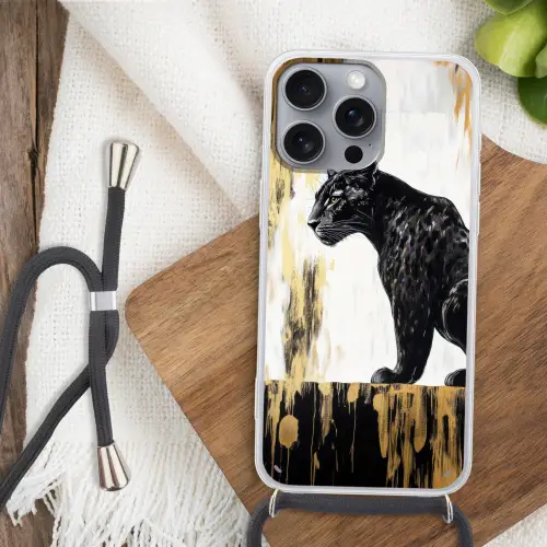 Panter - Zwart - Abstract - Goud Hoesje iPhone 16 Pro Max met koord klein -sfeer4