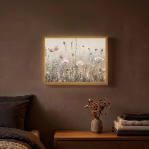 Bloemen - Roze - Modern - Beige Light Box met batterij (Wandlamp) middel -sfeer4