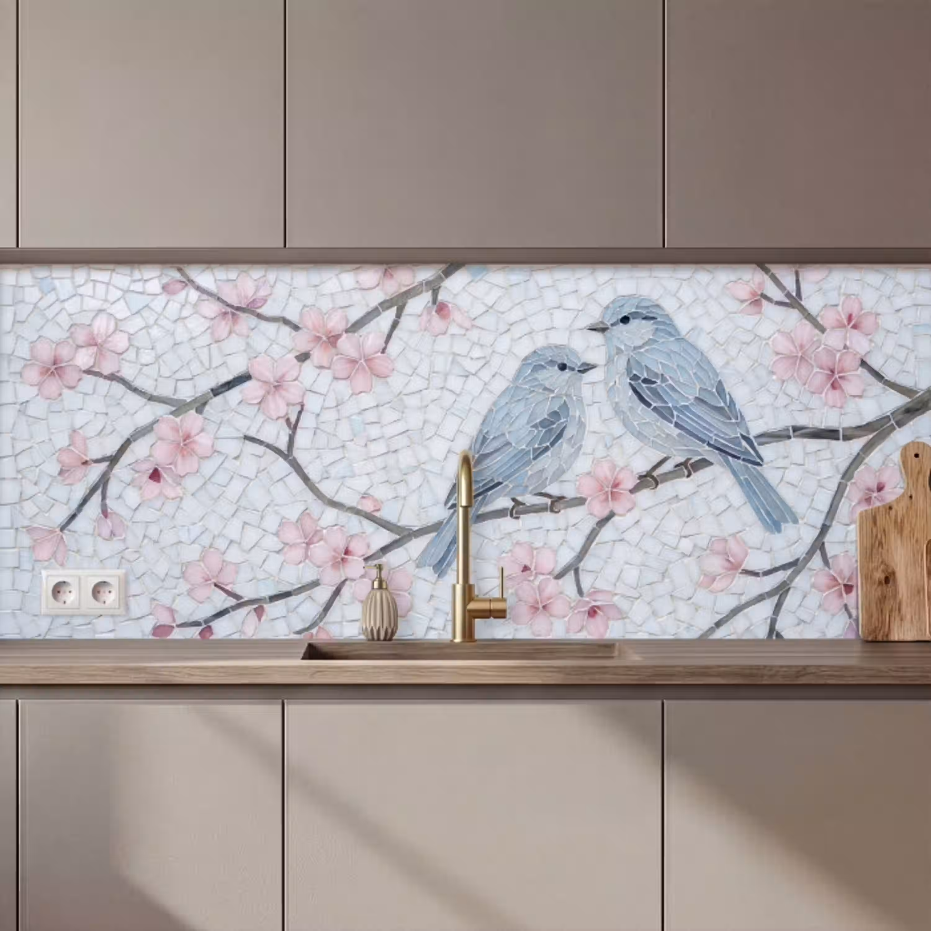 Vogel - Bloemen - Natuur - Mozaïek - Roze keuken achterwand 2 middel zz_3dshopping