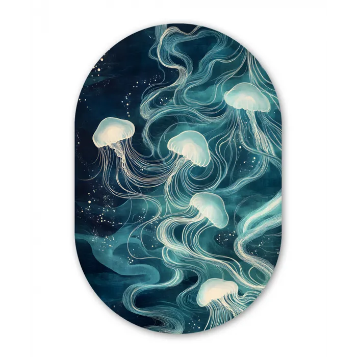 Kwallen - Zee - Wit - Golven Wandcirkel Ovaal Glas middel -3d