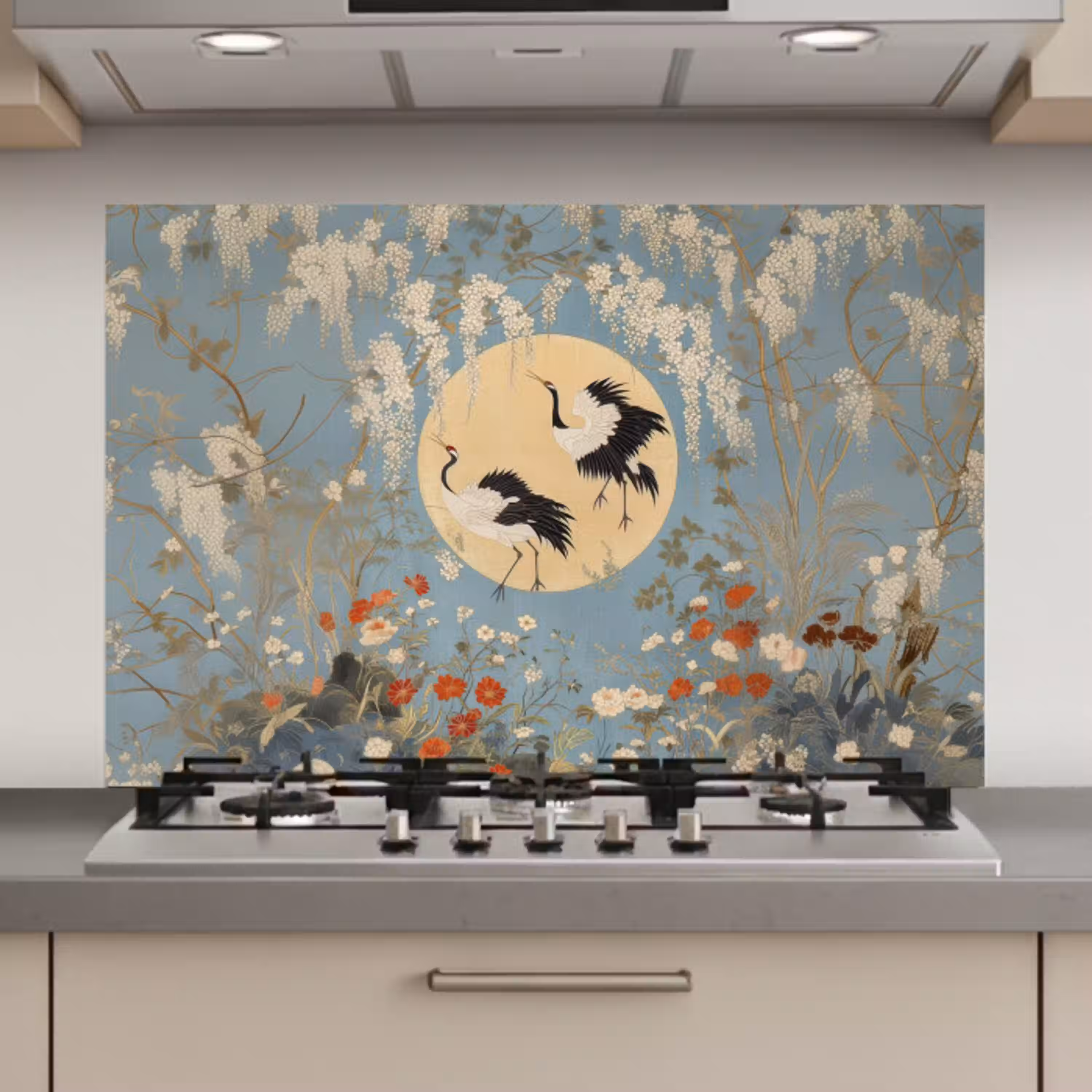 Kraanvogels - Maan - Bloemen - Blauw keuken achterwand spatscherm klein -3d_website