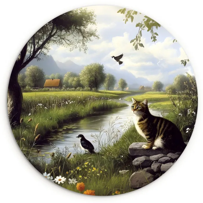 Kat - Beekje - Weide Wandcirkel kunststof plaat 5mm dik klein -3d