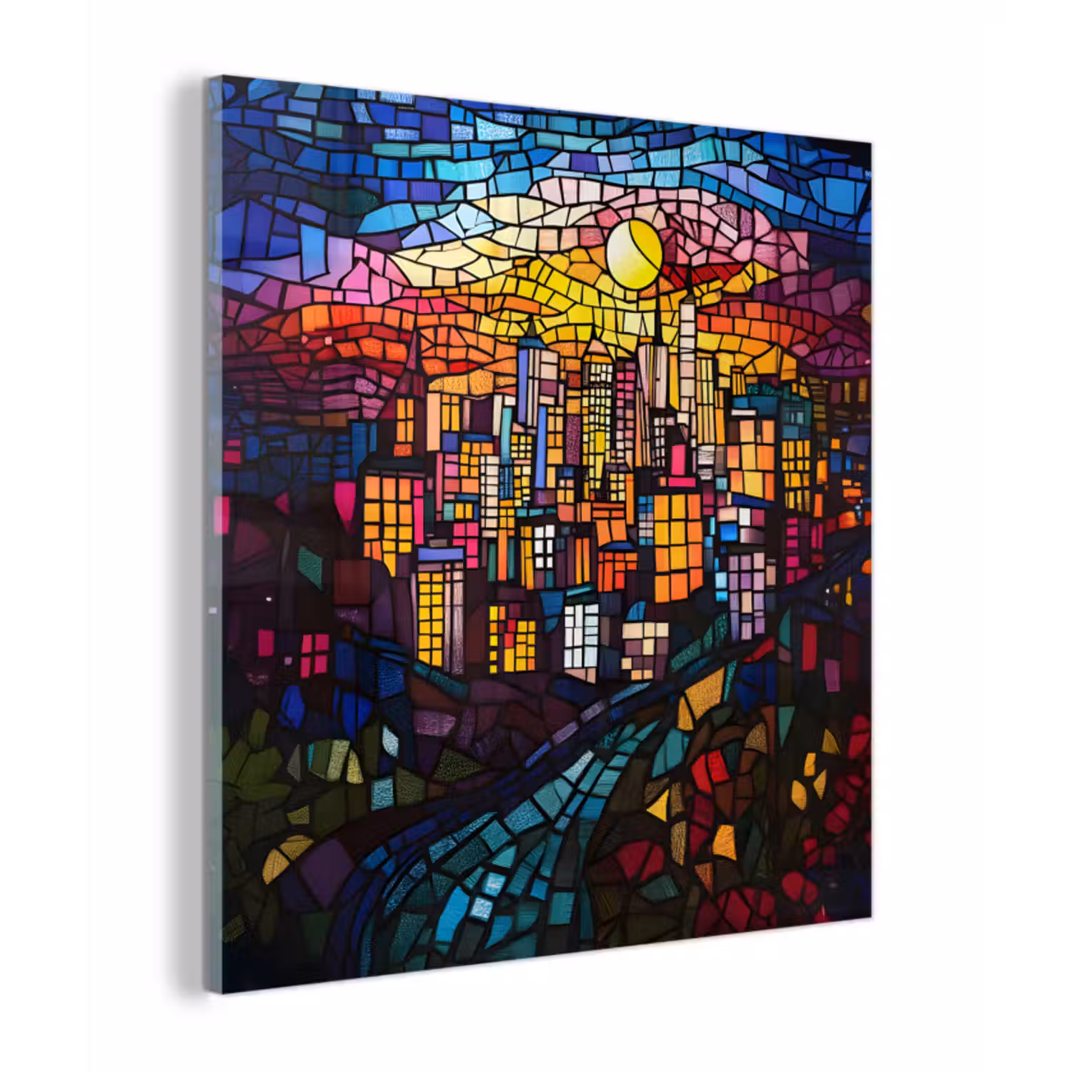 Glas schilderij - Stad - Maan - Mozaïek - Kleurrijk