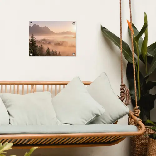 Zonlicht - Mist - Bergen - Bomen tuinposter los doek klein -sfeer7