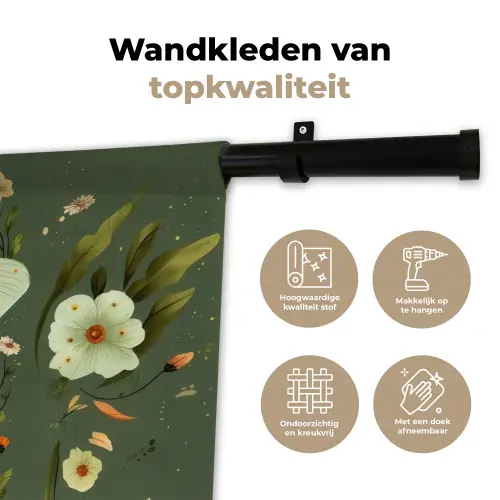 Bloemen - Bladeren - Olijfgroen - Vlinder Wandkleed katoen klein -sfeer2