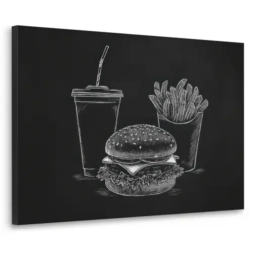 Hamburger - Friet - Frisdrank - Krijttekening Textielframe zwart klein -3d