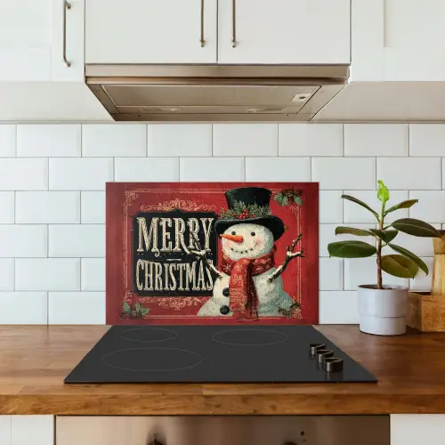 Klassiek - Kerstgroet - Sneeuwpop - Rood keuken achterwand spatscherm klein -sfeer2