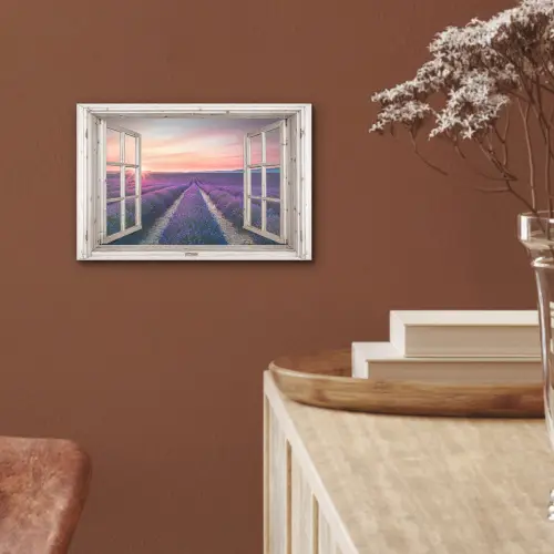 Doorkijk - Lavendel - Bloemen - Hout - Zonsondergang - Paars aluminium wit klein -sfeer4
