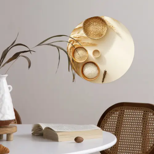 Granen - Hout - Kom - Beige Wandcirkel behangsticker klein -sfeer3
