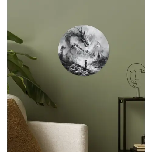 Krijger - Draak - Grijs Wandcirkel behangsticker klein -sfeer2