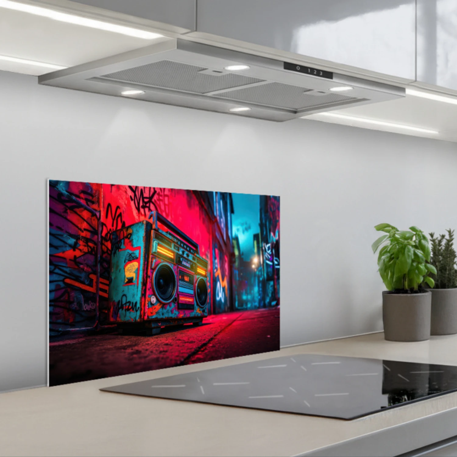 Boombox - Rood - Graffiti - Neon keuken achterwand spatscherm klein -3d_schuin