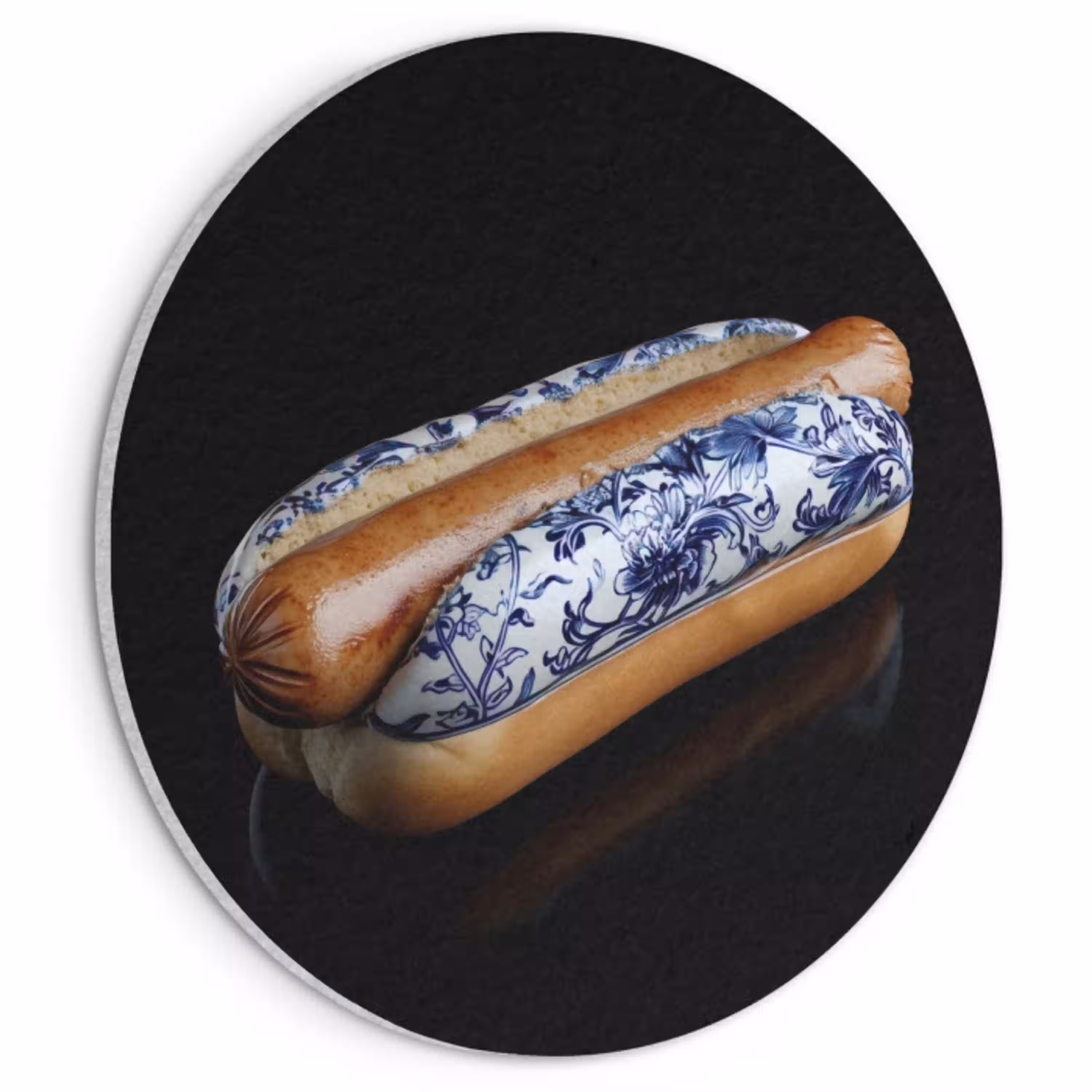 Hotdog - Porselein - Delfts blauw - Eten Akoestische PET Vilt - Rond klein -3d