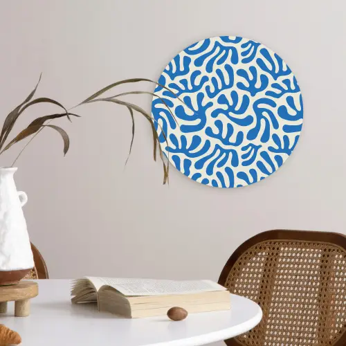 Blauw - Abstract - Bladeren - Patroon Wandcirkel plexiglas klein 852 -sfeer4