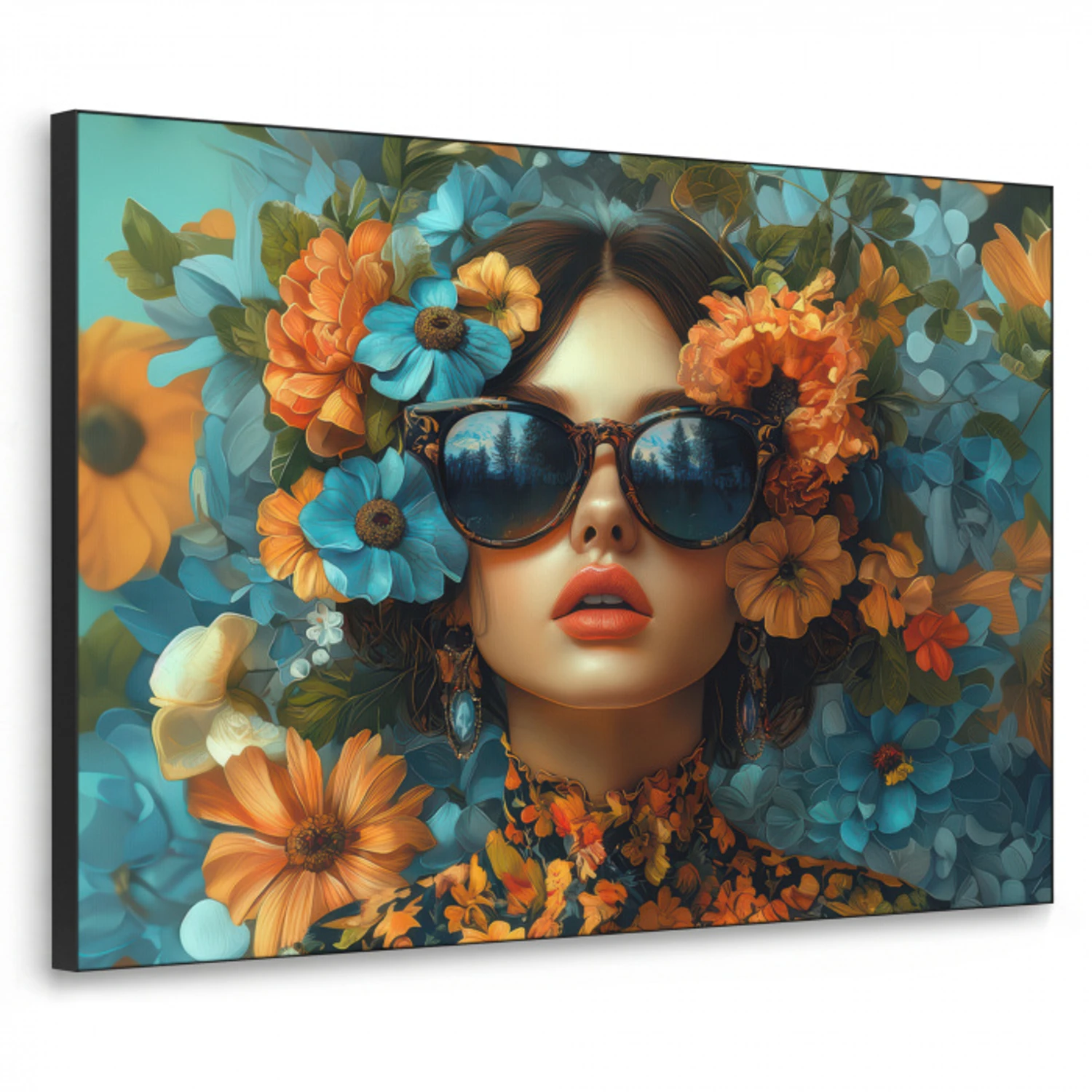 Vrouw - Bloemen - Oranje - Blauw - Modern Textielframe zwart klein -3d