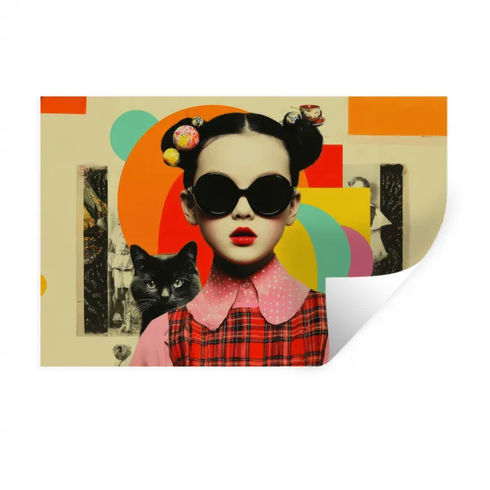 Meisje - Zonnebril - Kat - Retro Muursticker klein -3d