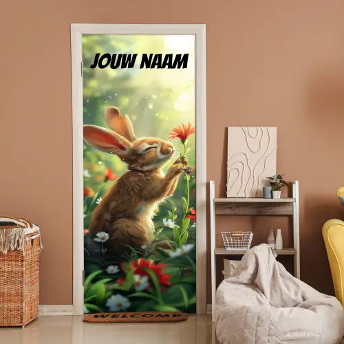 Schattig konijntje met bloem en de tekst “Deze kamer is van: jouw naam”. deurposter klein -sfeer1