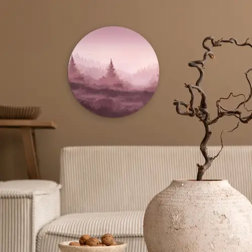 Landschap - Mistig - Roze Wandcirkel kunststof plaat 5mm dik klein -sfeer1