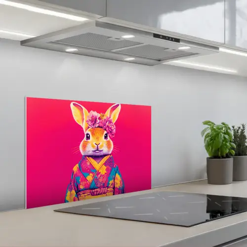 Konijn - Bloemen - Kleurrijk - Kimono keuken achterwand spatscherm klein -3d_schuin