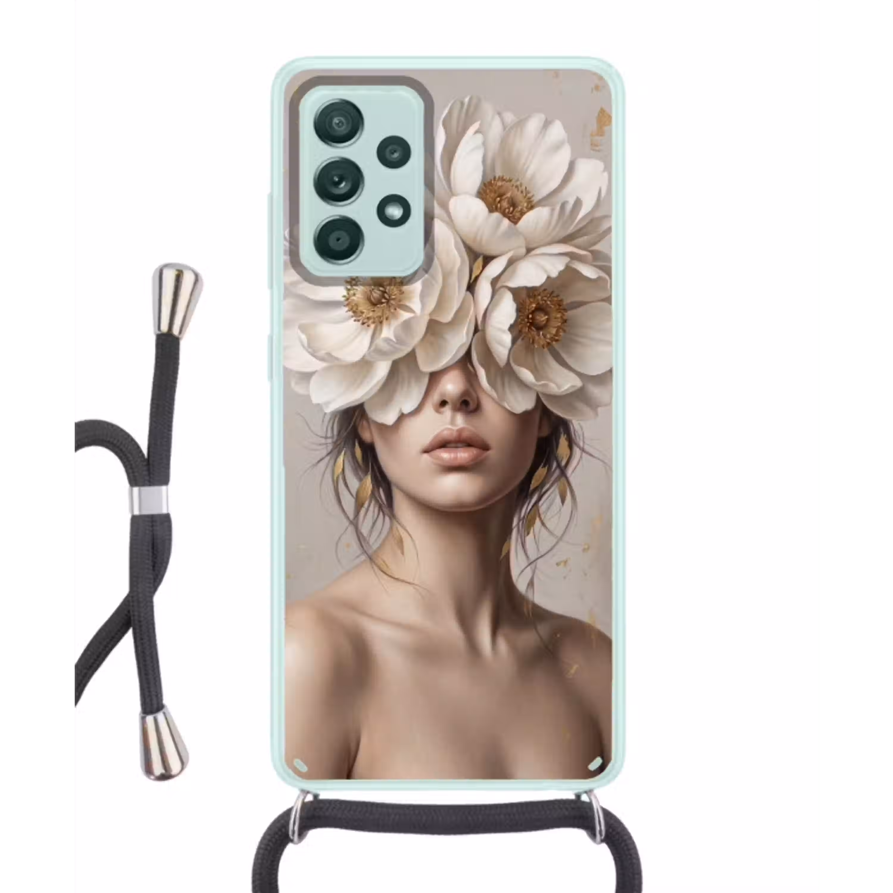Vrouw - Pioenroos - Wit Hoesje Samsung Galaxy A52 met koord klein -3d